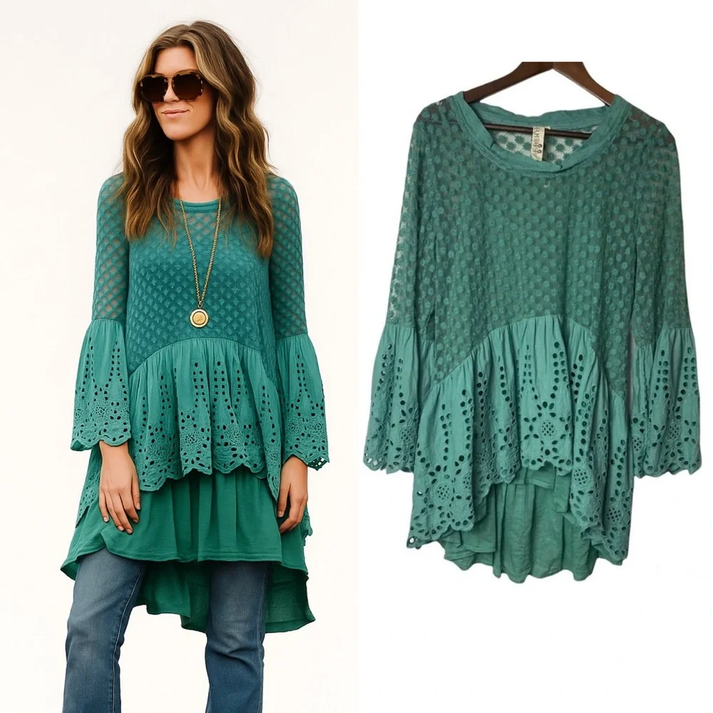 RHUM & RAISIN Teal Eyelet layer Tunic Boho Bohemian M/L - Picture 1 of 11